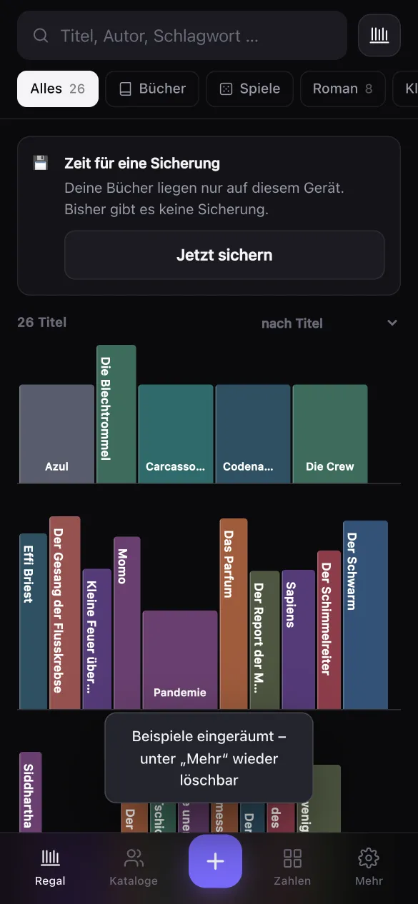 Shelf view: book spines and game boxes of different heights and colours on shelf boards, with a search field and filters for books and games above.