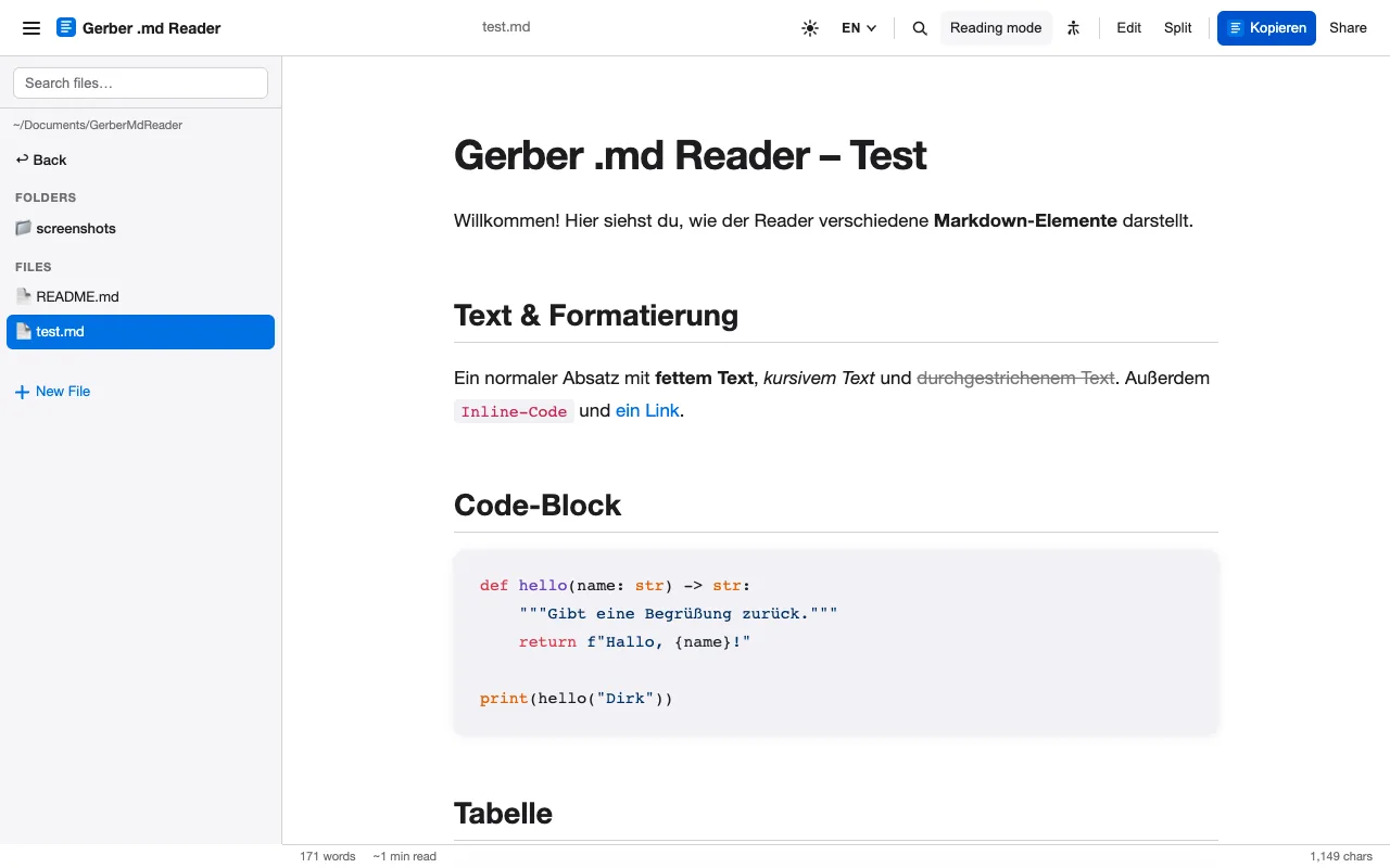 Gerber .md Reader in light mode: the file browser with folders and files on the left, a formatted test document with headings, a code block and a table on the right.